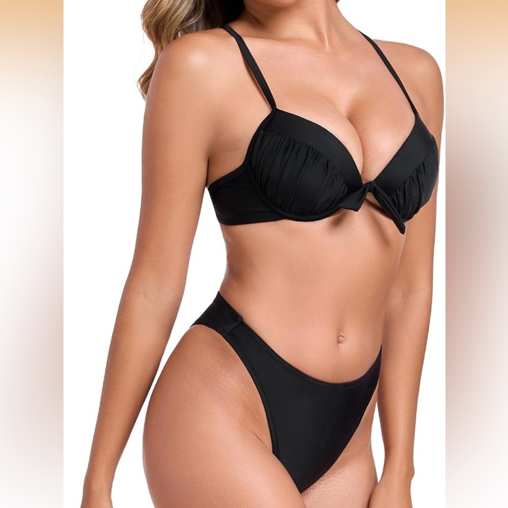 NWT RELLECIGA Women’s Push Up Bikini Set Underwire High Cut Sexy Two Piece Black